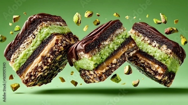 Obraz Chocolate-covered pistachio dessert bars in mid-air.