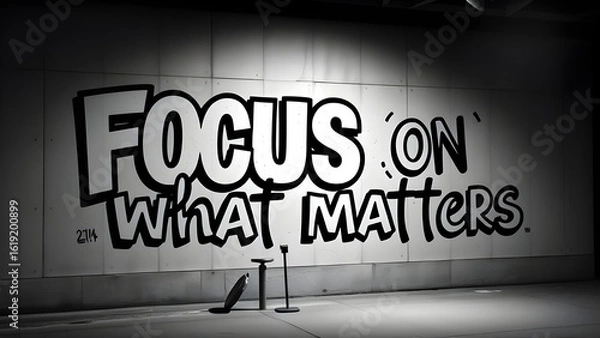 Fototapeta Minimalist Graffiti Quote – Focus on What Matters in Monochrome
