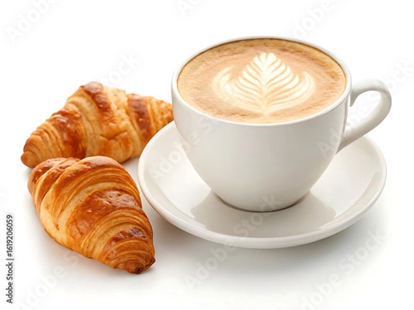 Fototapeta A cup of latte art with croissants on a white surface perfect for a morning breakfast scene setup