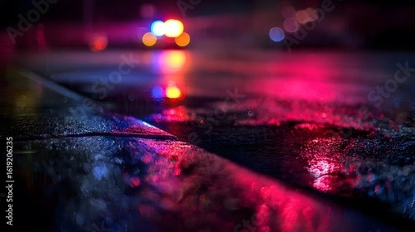 Obraz Police lights reflecting on wet pavement at night, creating a vivid urban atmosphere.