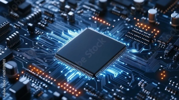 Fototapeta Detailed Close-Up of Microprocessor on Circuit Board with LEDs