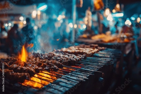 Fototapeta Grilled meat sizzling over charcoal at a vibrant night market, with bustling crowds and glowing lights