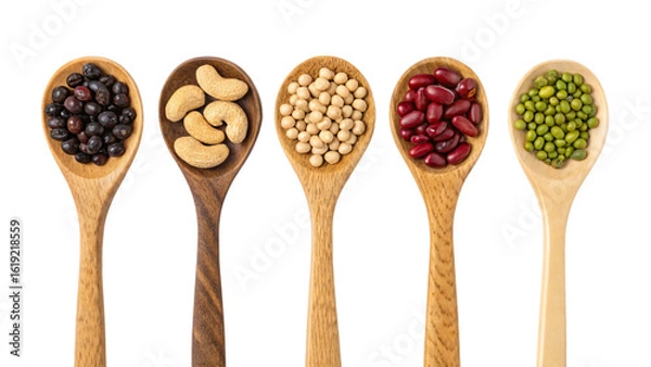 Fototapeta Five Spoons of Deliciousness Beans Nuts and Grains Isolated On Transparent Background