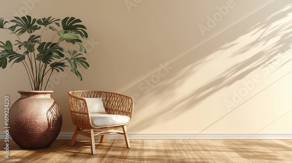 Obraz Cozy minimalistic interior with wicker chair
