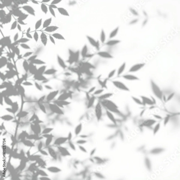 Obraz shadow overlay effect. Gray shadow of leaves isolated on white background. 
Plant foliage leaf shadow light effect. Mockup Blurred tree branch shadow. Ideal for summer spring design elements PNG