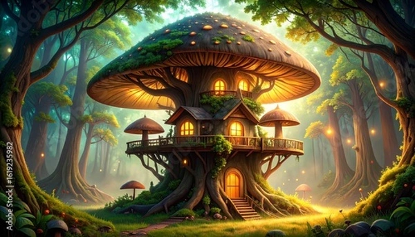 Fototapeta Luminous Mushroom Manor Nestled in a Mystical, Glowing Forest