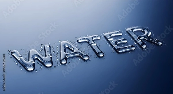 Obraz Water droplets forming the word water on a blue surface with a gradient background effect design