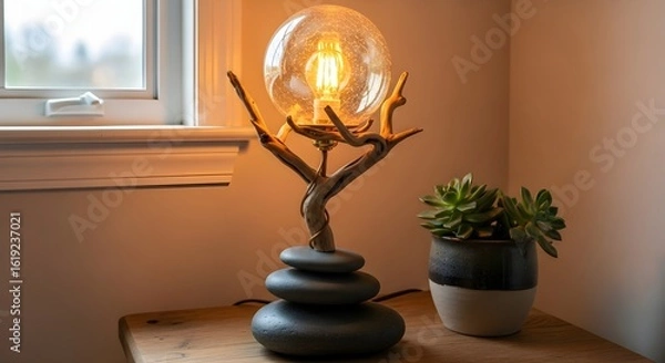 Obraz A decorative lamp with a driftwood base and a round bulb sitting on a wooden table near a window