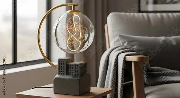 Obraz A modern lamp with a building base and a spherical bulb sits on a table next to a chair indoors