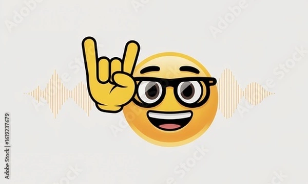 Fototapeta Smiling Emoji with Rock On Hand Gesture and Sound Waves Background