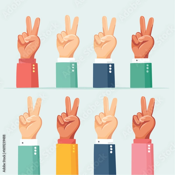 Obraz A diverse collection of hands in colorful sleeves making the peace or victory sign.