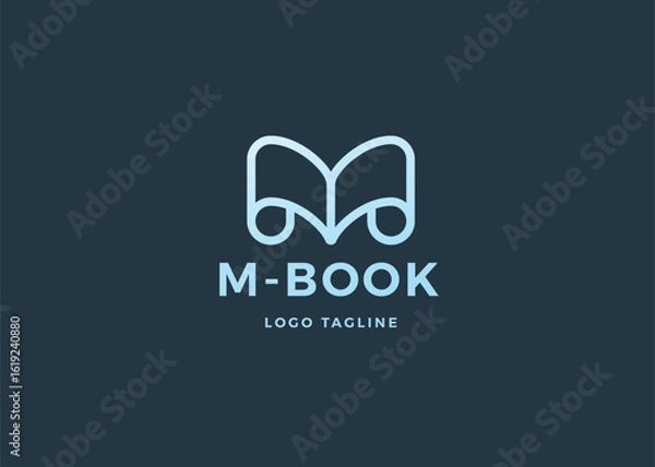 Fototapeta Initial Letter M with Spiral Curly Page or Paper Twirl Roll Scroll logo design. stylized letter M integrated with an abstract representation of an open book or paper scroll.