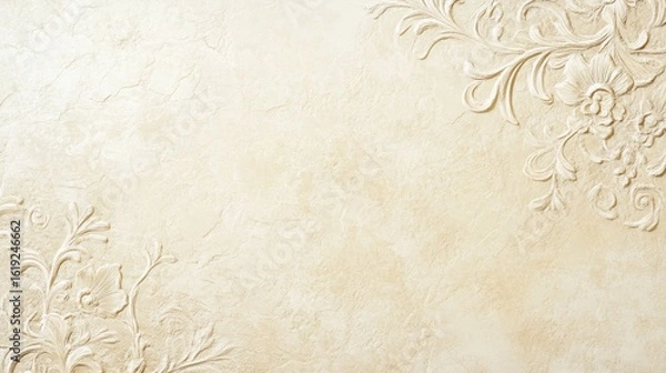 Fototapeta Beige textured background with embossed floral corners.