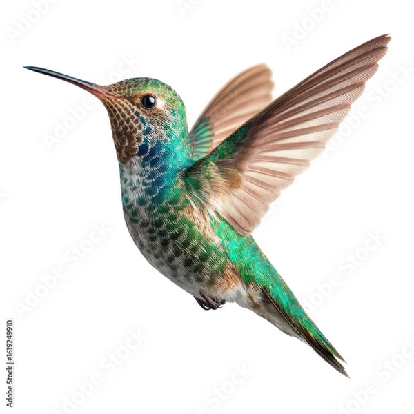 Fototapeta A vibrant hummingbird hovers with outstretched wings against a black backdrop., clip art illustration