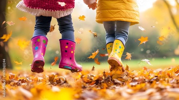 Obraz Children jumping in autumn leaves