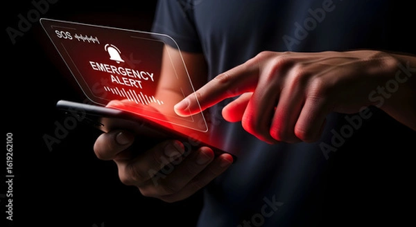 Fototapeta Man hits emergency alert on phone. Dark setting. Urgency and safety themes or app design