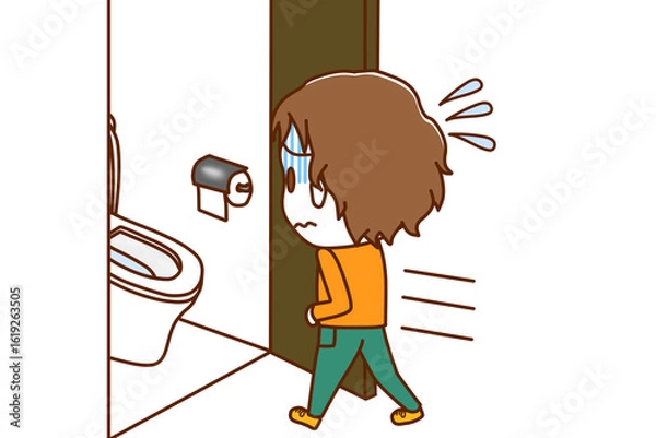 Obraz （全身斜め後ろ）お腹が痛くて青ざめて急いでトイレに駆け込む白人少年