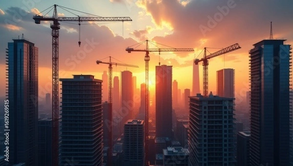 Obraz Urban Development and Construction Cranes Against a Sunset Sky