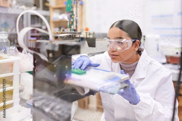 Obraz Young Latina female scientist works with lab coat and safety glasses at 3D printer in laboratory