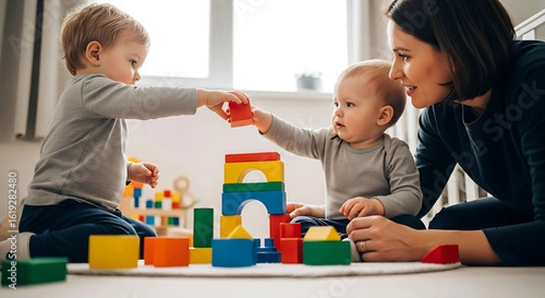 Fototapeta Toddlers Playing with Colorful Building Blocks A Mother's Joyful Moment