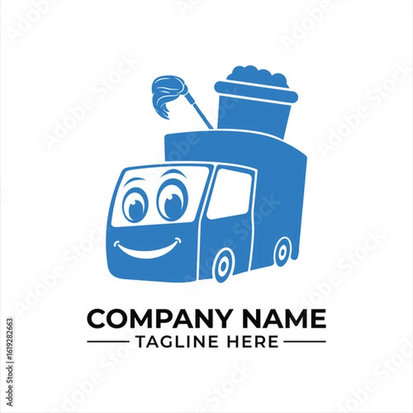 Fototapeta Smiling Cleaning Truck Logo with Bucket and Mop for Janitorial Services Branding