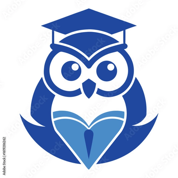 Fototapeta Wise owl wearing graduation cap holding open book symbolizing education and knowledge