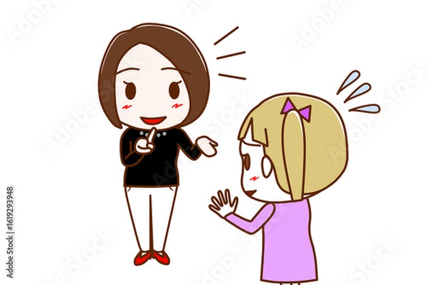 Fototapeta (複数)笑顔で一生懸命説明する女性と焦って断ろうと困惑している白人少女