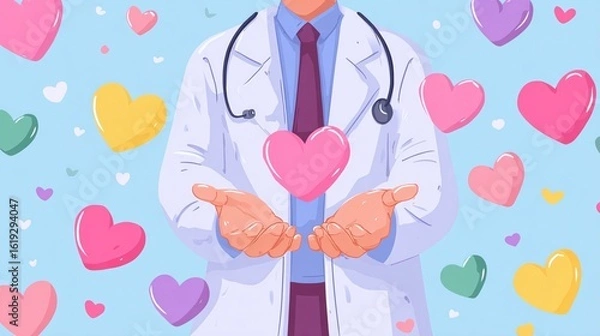 Fototapeta Compassionate Doctor Holding Human Heart in Hands Symbolizing Care and Healing in Medical Profession