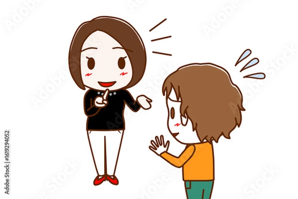 Fototapeta (複数)笑顔で一生懸命説明する女性と焦って断ろうと困惑している白人少年