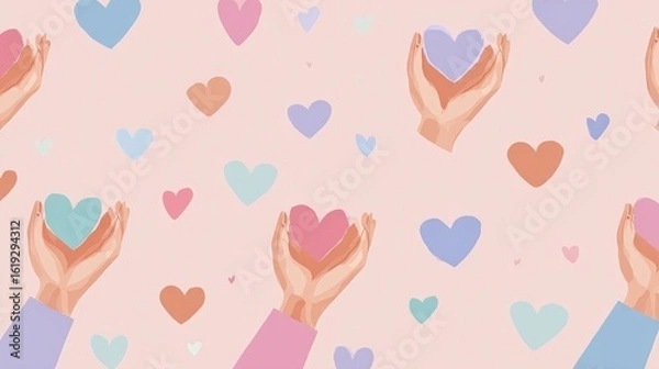 Fototapeta Gentle Hands Cradling Soft Hearts on a Delicate Pink Background Evoking Love and Compassionate Warmth