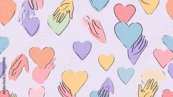 Obraz Vibrant Colorful Heart Pattern Featuring Hands and Hearts Symbolizing Love and Unity with Joyful Spirit