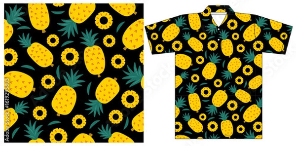 Obraz Fresh Yellow Pineapple and Slices pattern seamless on a Black background