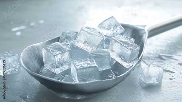 Fototapeta Macro of stainless steel scoop with ice cubes on metallic background.