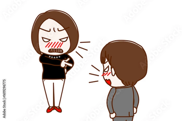 Fototapeta (複数)怒って指さして怒鳴る女性と怒りで対抗して言い合う男子学生