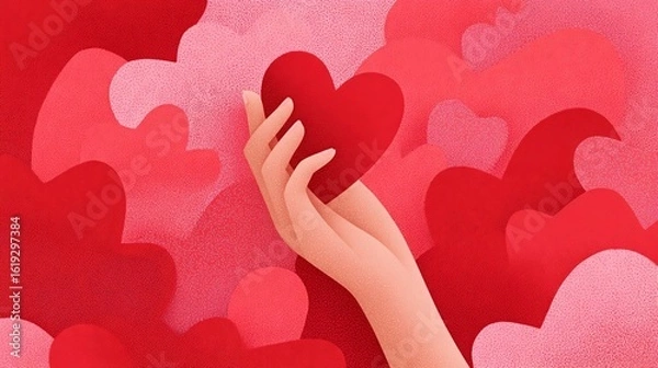 Fototapeta A Heart Symbolizing Love and Compassion Held by a Hand Against a Bright Red Background Evoking Emotion