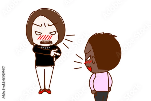 Obraz (複数)怒って指さして怒鳴る女性と怒りで対抗して言い合うアフリカ系少年