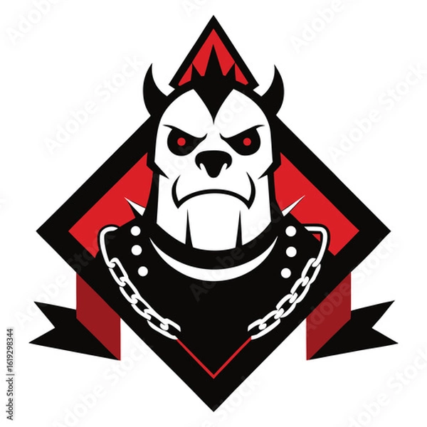 Fototapeta  Fierce demon skull character with horns and chains emblem