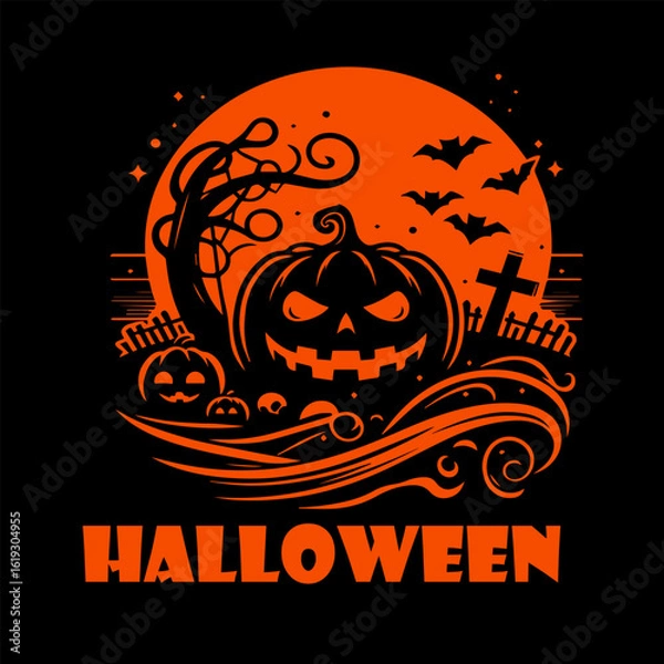 Obraz Halloween Night Scene with Jack-o'-Lantern and Moon