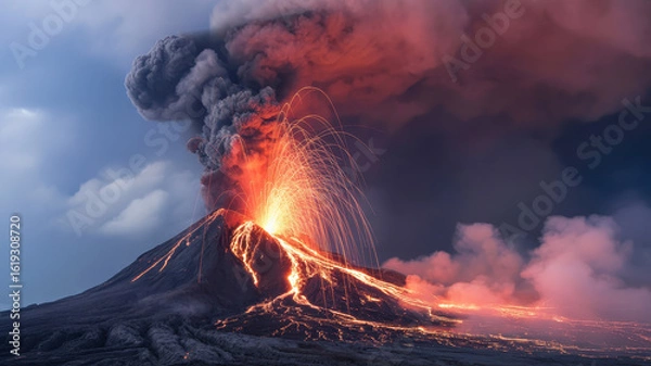 Fototapeta A Massive volcanic eruption with fiery lava and ash clouds creates dramatic scene