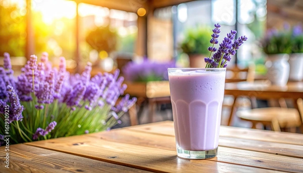 Fototapeta Charming glass of lavender milk drink with sprigs of fresh lavender, set on a rustic café table in golden sunset light.