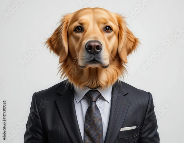 Fototapeta Golden retriever with human body wearing suit and tie, creating humorous and surreal image