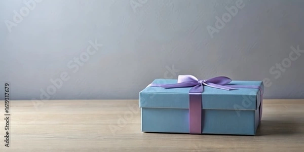 Fototapeta A light blue gift box adorned with a lavender ribbon sits on a wooden surface against a muted gray backdrop.