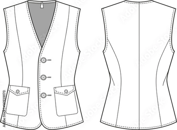 Fototapeta Women’s sleeveless vest fashion flat sketch, V-neck button front waistcoat, flap pocket detailing, fitted silhouette, technical garment drawing, vector design template, apparel outline