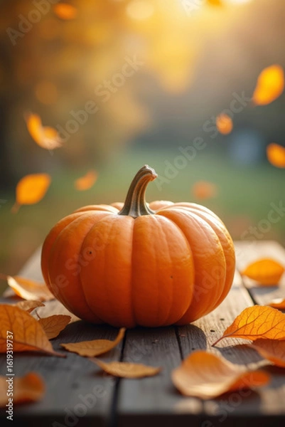 Obraz Orange pumpkin with vibrant fall leaves on rustic wooden table in autumn park. Natural light, harvest season, cozy Thanksgiving and seasonal decoration concept