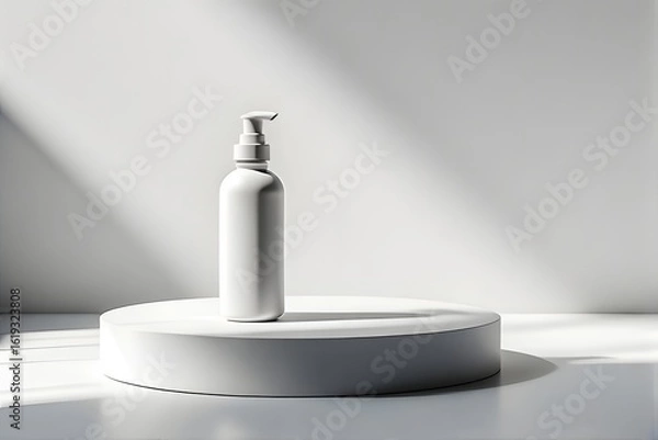 Fototapeta White pump bottle on a white platform with a minimalist background and soft natural light shining on it