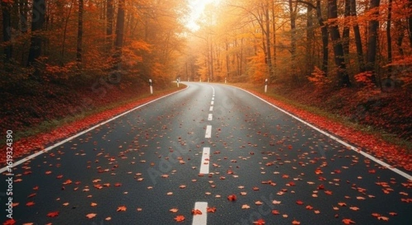 Obraz autumn road through forest with scattered red leaves and bright light