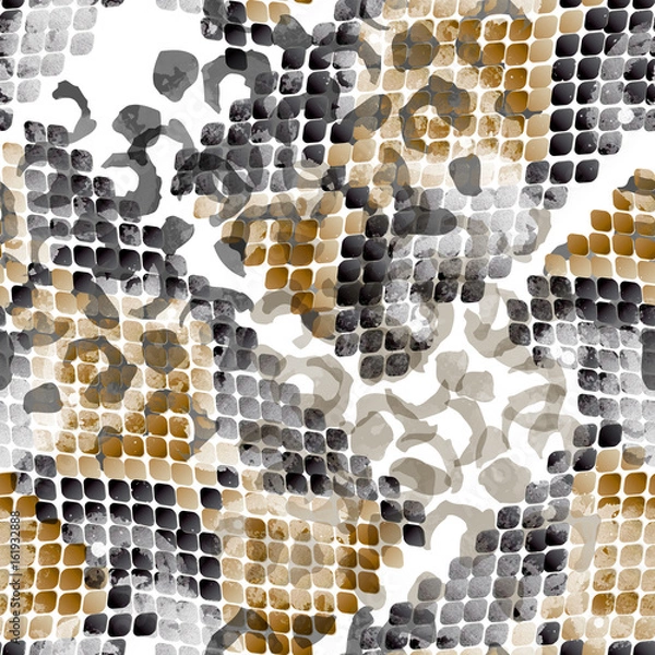 Fototapeta Seamless pattern wild design. Snakeskin and leopard background with tribal ornaments and watercolor effect. Textile print for bed linen, jacket, package design, fabric and fashion concepts.