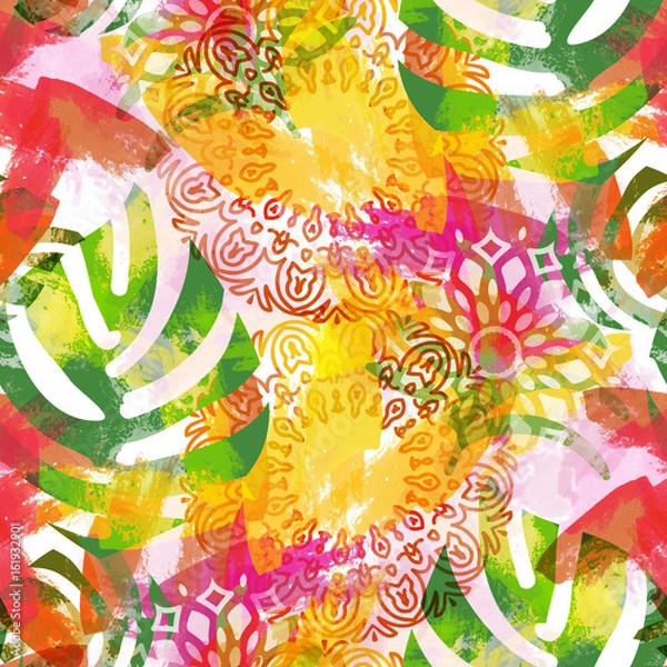 Fototapeta Seamless pattern with leaves and mandalas. Tropical background with watercolor effect. Textile print for bed linen, jacket, package design, fabric and fashion concepts