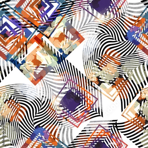 Fototapeta Seamless pattern with geometric shapes. Ethnic background with watercolor effect. Textile print for bed linen, jacket, package design, fabric and fashion concepts