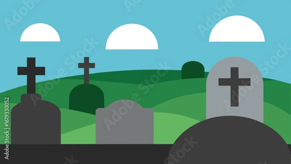 Fototapeta Flat design illustration of a cemetery with tombstones and rolling green hills